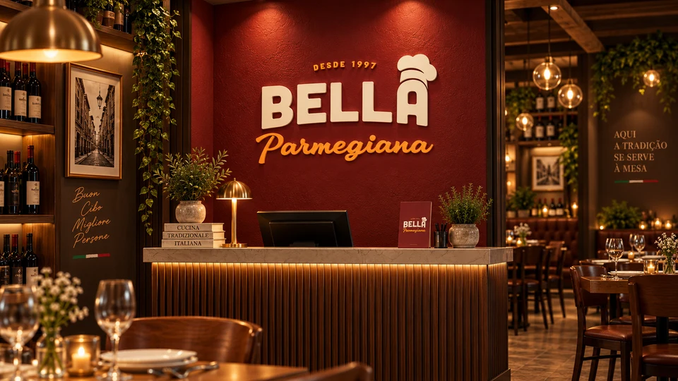 Identidade visual da Bella Parmegiana aplicada na recepção do restaurante
