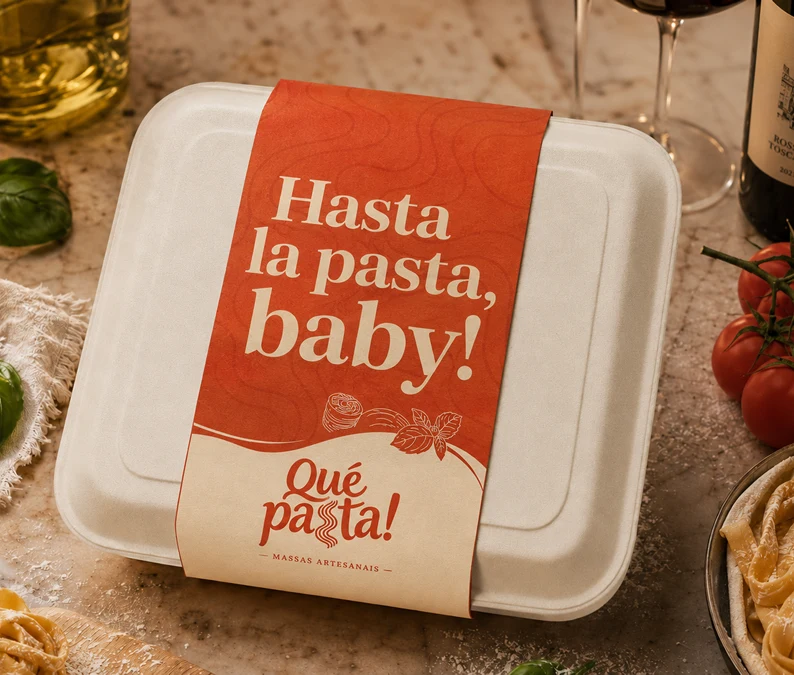 Identidade visual da Qué Pasta! aplicada em embalagem de massas artesanais
