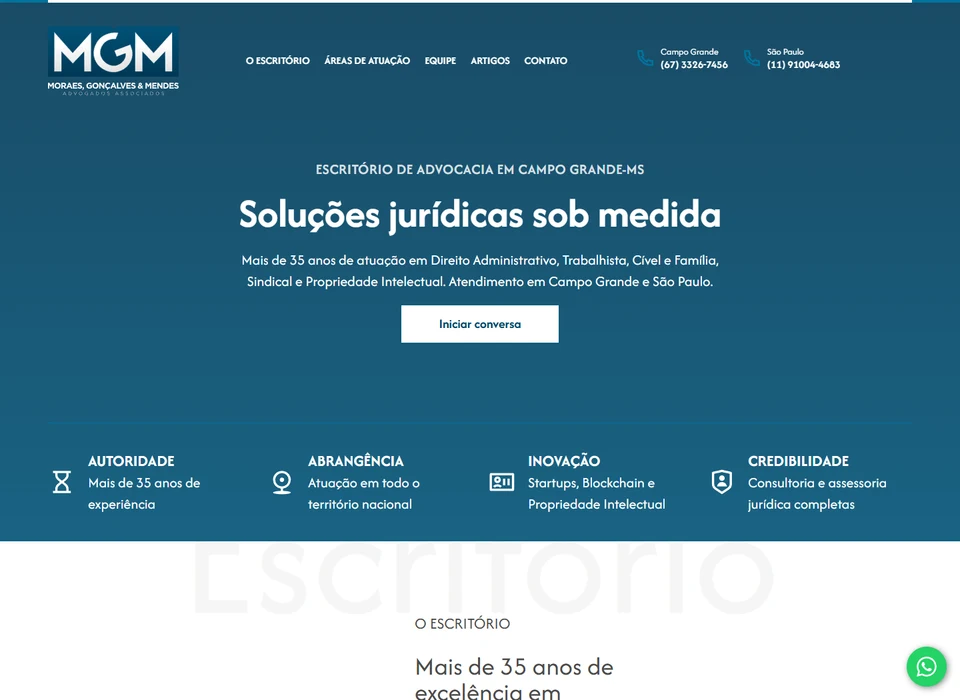 Página inicial do site MGM Advogados